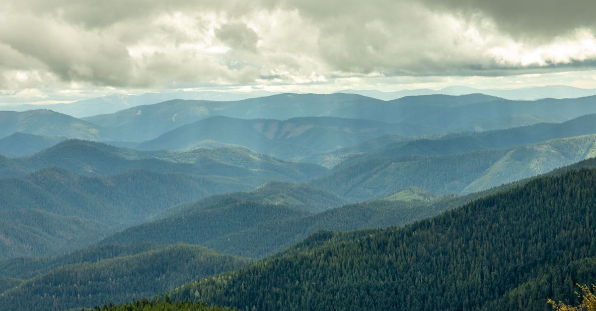Breathtaking view of Idaho's mountain ranges with lush forests and dramatic cloudy skies.